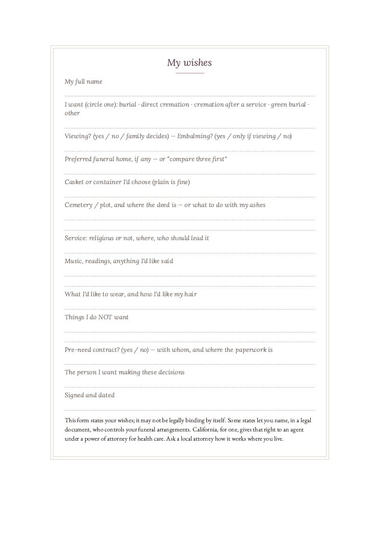 The My wishes form from the book